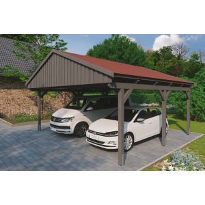 Skan Holz Carport Fichtelberg 618 cm x 566 cm Rote Schindeln Schiefergrau