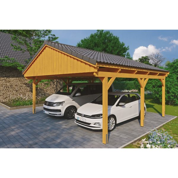 Skan Holz Carport Fichtelberg 618 cm x 566 cm Dachlattung Eiche Hell