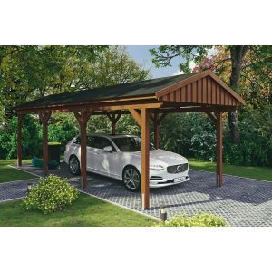 Skan Holz Carport Fichtelberg 317 cm x 808 cm Schwarze Schindeln Nussbaum