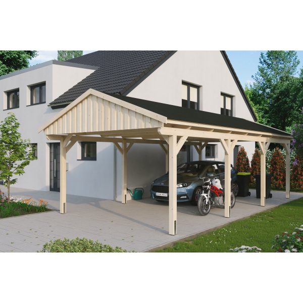 Skan Holz Carport Fichtelberg 423 cm x 808 cm Schwarze Schindeln Natur