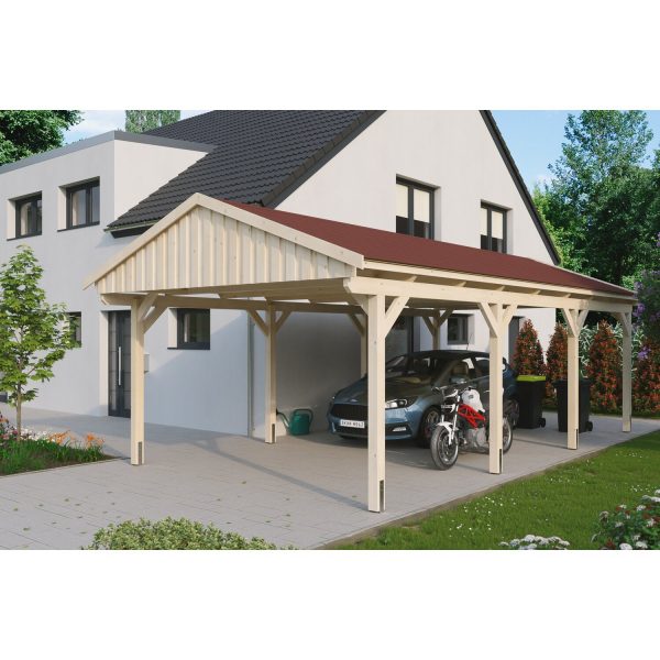 Skan Holz Carport Fichtelberg 423 cm x 808 cm Rote Schindeln Natur