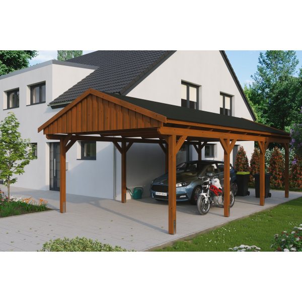 Skan Holz Carport Fichtelberg 423 cm x 808 cm Schwarze Schindeln Nussbaum