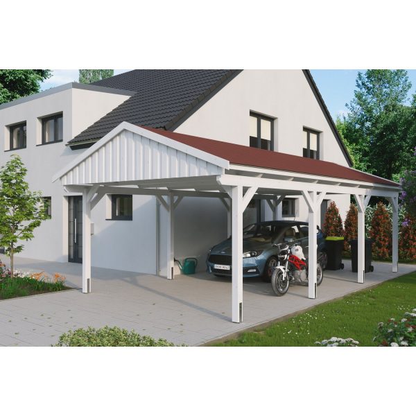 Skan Holz Carport Fichtelberg 423 cm x 808 cm Rote Schindeln Weiß