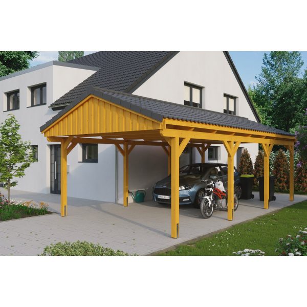 Skan Holz Carport Fichtelberg 423 cm x 808 cm Dachlattung Eiche Hell