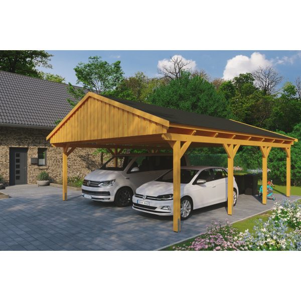 Skan Holz Carport Fichtelberg 618 cm x 808 cm Schwarze Schindeln Eiche Hell