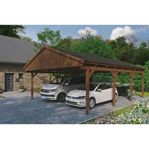 Skan Holz Carport Fichtelberg 618 cm x 808 cm Schwarze Schindeln Nussbaum