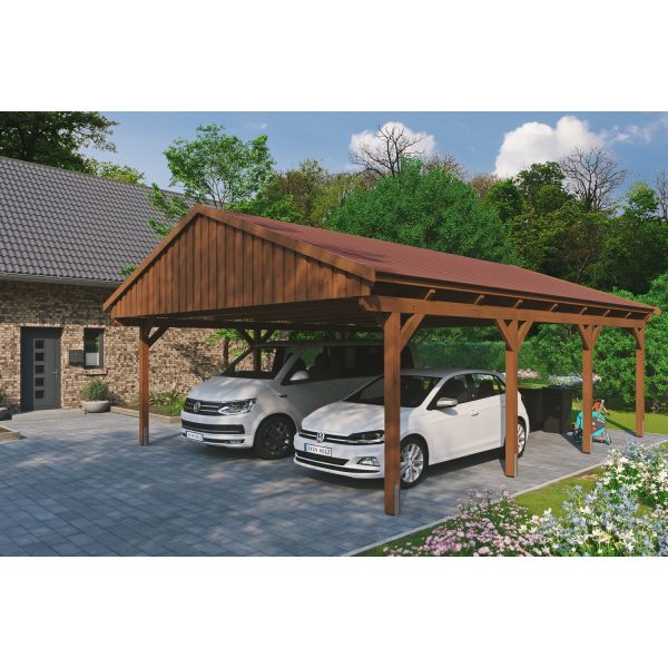 Skan Holz Carport Fichtelberg 618 cm x 808 cm Rote Schindeln Nussbaum