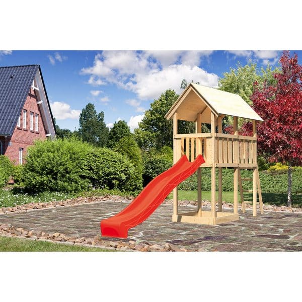 Kinderspielturm Danny Satteldach Set naturb. m. Rutsche Rot