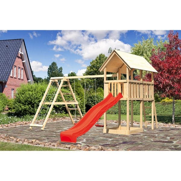 Kinderspielturm Danny Satteldach Set naturb. Doppels. Eco Kletterg. Rutsche Rot