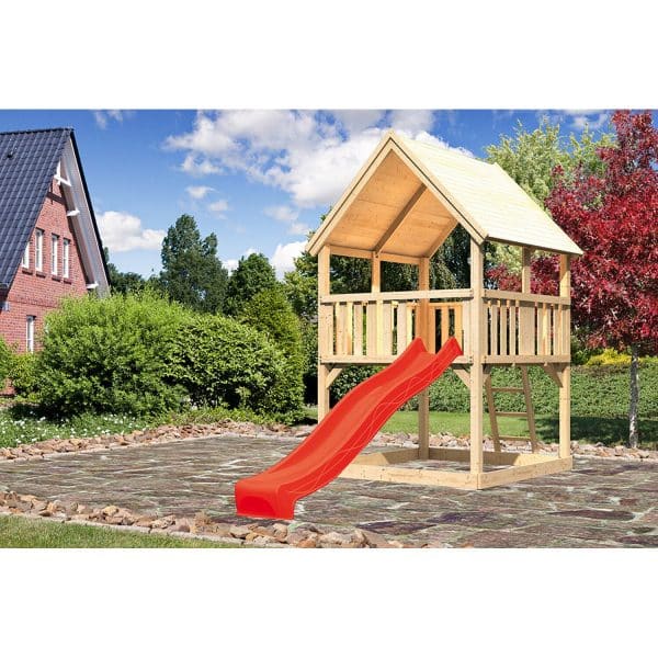 Spielturm Luis Satteldach m. Rutsche Set m. Rutsche Rot