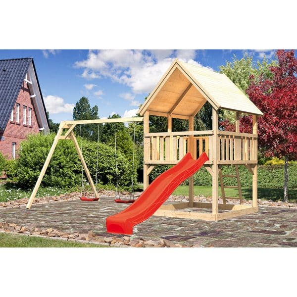 Spielturm Luis Satteldach Set m. Doppelschaukel u. Rutsche Rot