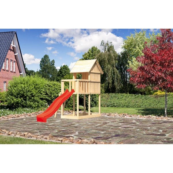 Kinderspielhaus Frieda Set Aktion 2 naturb. m. Anbau u. Rutsche Rot