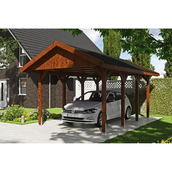 Satteldach-Carport Wallgau Nussbaum 380 x 600 cm schwarze Schindeln