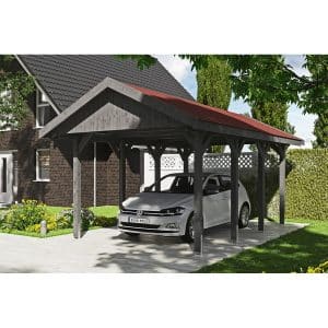 Satteldach-Carport Wallgau Schiefergrau 380 x 600 cm rote Schindeln