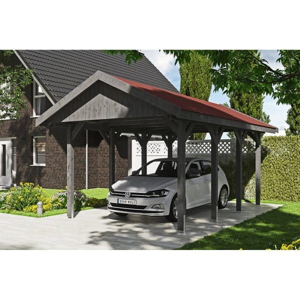 Satteldach-Carport Wallgau Schiefergrau 380 x 600 cm rote Schindeln