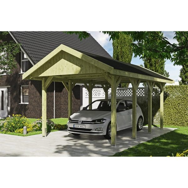 Satteldach-Carport Wallgau Grün 380 x 600 cm schwarze Schindeln