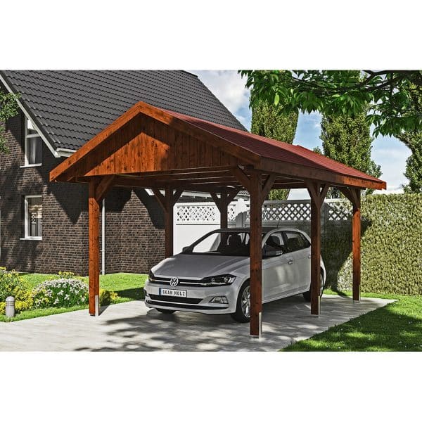 Satteldach-Carport Wallgau Nussbaum 380 x 500 cm rote Schindeln