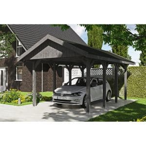 Satteldach-Carport Wallgau Schiefergrau 380 x 600 cm schwarze Schindeln