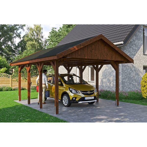 Satteldach-Carport Wallgau Nussbaum 430 x 600 cm schwarze Schindeln