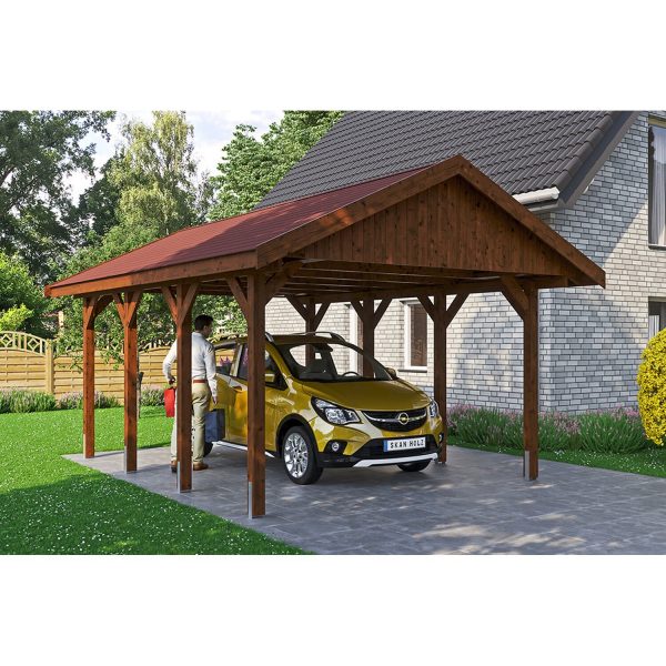 Satteldach-Carport Wallgau Nussbaum 430 x 600 cm rote Schindeln