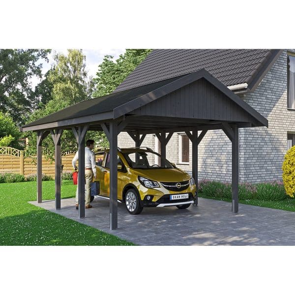 Satteldach-Carport Wallgau Schiefergrau 430 x 600 cm schwarze Schindeln