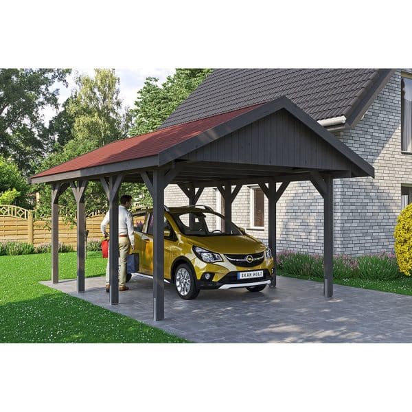 Satteldach-Carport Wallgau Schiefergrau 430 x 600 cm rote Schindeln