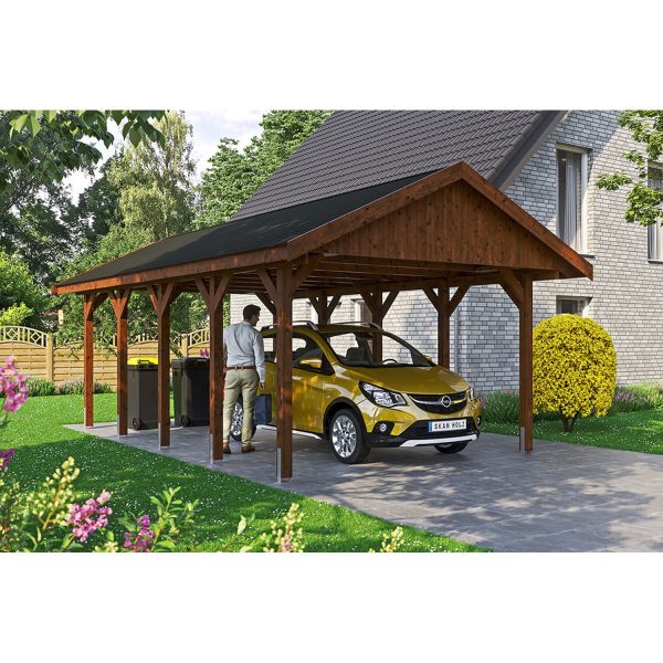 Satteldach-Carport Wallgau Nussbaum 430 x 750 cm schwarze Schindeln