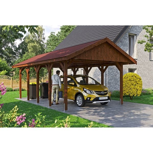 Satteldach-Carport Wallgau Nussbaumn 430 x 750 cm rote Schindeln