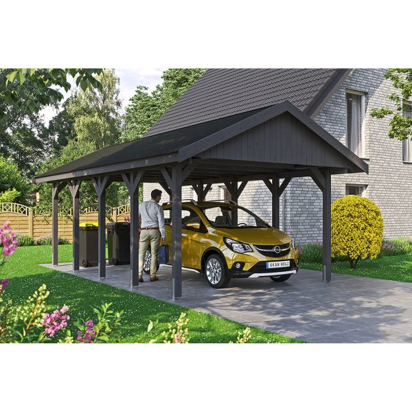 Satteldach-Carport Wallgau Schiefergrau 430 x 750 cm schwarze Schindeln