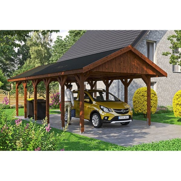 Satteldach-Carport Wallgau Nussbaum 430 x 900 cm schwarze Schindeln