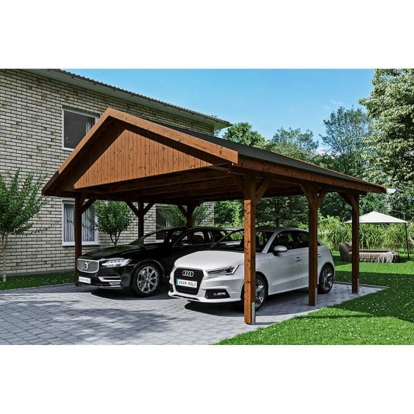 Satteldach-Carport Wallgau Nussbaum 620 x 500 cm schwarze Schindeln