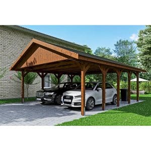 Satteldach-Carport Wallgau Nussbaum 620 x 750 cm schwarze Schindeln