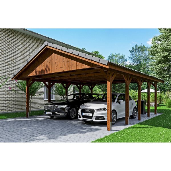 Satteldach-Carport Wallgau Nussbaum 620 x 750 cm Dachlattung