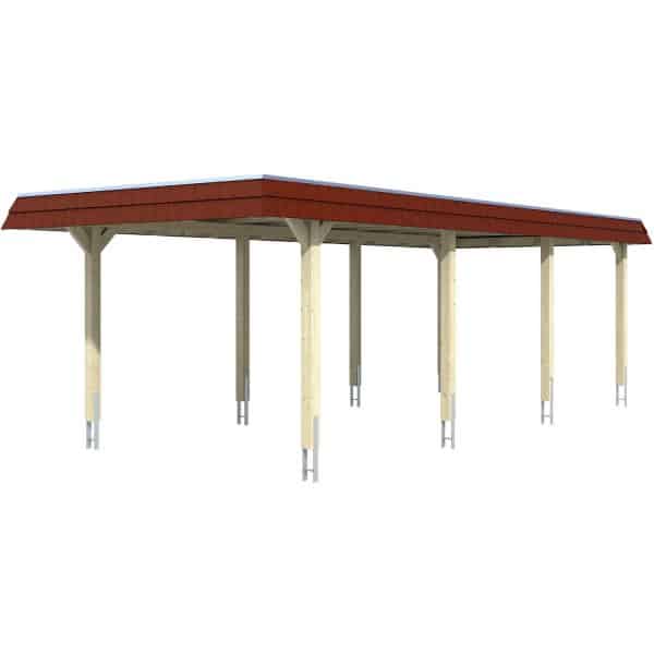 Skan Holz Carport Wendland Eiche hell 362 x 870 cm Alu-Dach Blende Rot