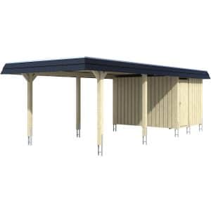 Skan Holz Carport Wendland Natur + Anbau 362 x 870 cm EPDM-Dach Blende Schwarz