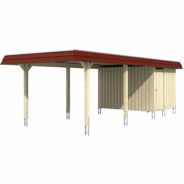 Skan Holz Carport Wendland Natur + Anbau 362 x 870 cm EPDM-Dach Blende Rot