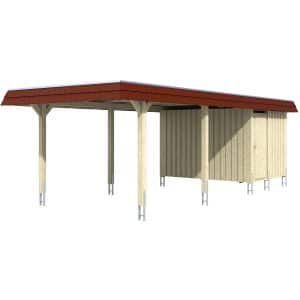 Skan Holz Carport Wendland Natur + Anbau 362 x 870 cm Alu-Dach Blende Rot