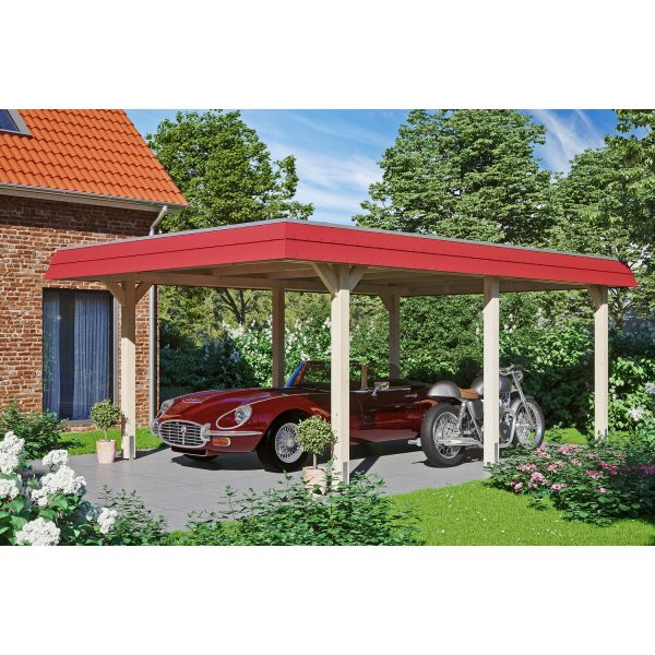 Skan Holz Carport Wendland Natur 409 x 628 cm Alu-Dach Blende Rot