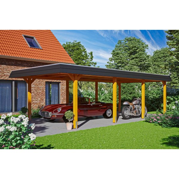 Skan Holz Carport Wendland Eiche hell 409 x 870 cm EPDM-Dach Blende Schwarz