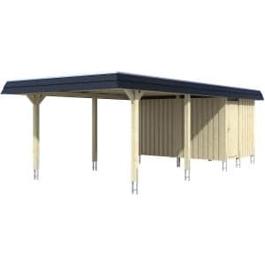 Skan Holz Carport Wendland Nussbaum + Anbau 409 x 870cm EPDM-Dach Blende Schwarz