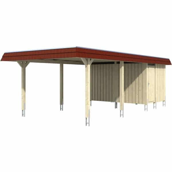 Skan Holz Carport Wendland Natur + Anbau 409 x 870 cm EPDM-Dach Blende Rot