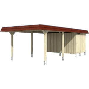 Skan Holz Carport Wendland Eiche hell + Anbau 409 x 870 cm EPDM-Dach Blende Rot