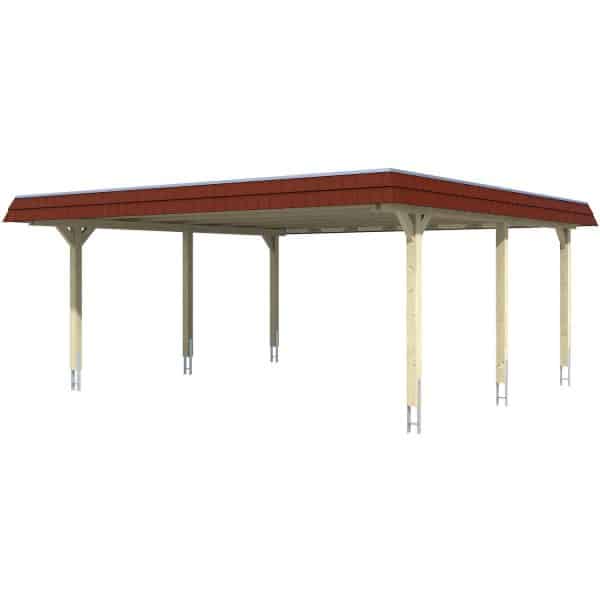 Skan Holz Doppelcarport Wendland Weiß 630 x 637 cm EPDM-Dach Blende Rot