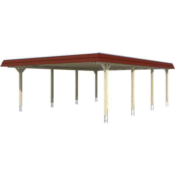 Skan Holz Doppelcarport Wendland Eiche hell 630 x 879 cm Alu-Dach Blende Rot