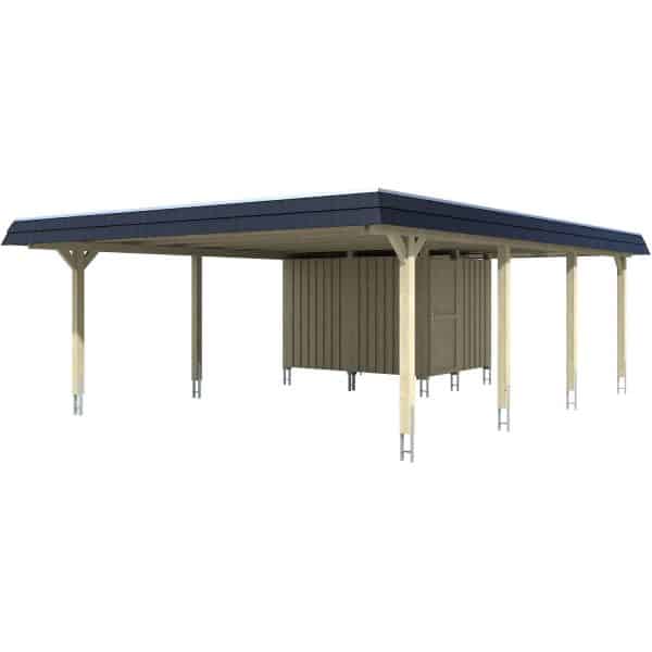 Skan Holz Doppelcarport Wendland Weiß +Anbau 630x879 cm Alu-Dach Blende Schwarz