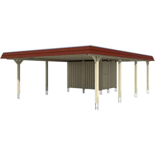 Skan Holz Doppelcarport Wendland Eiche hell +Anbau 630x879 cm EPDM-Dach Rot