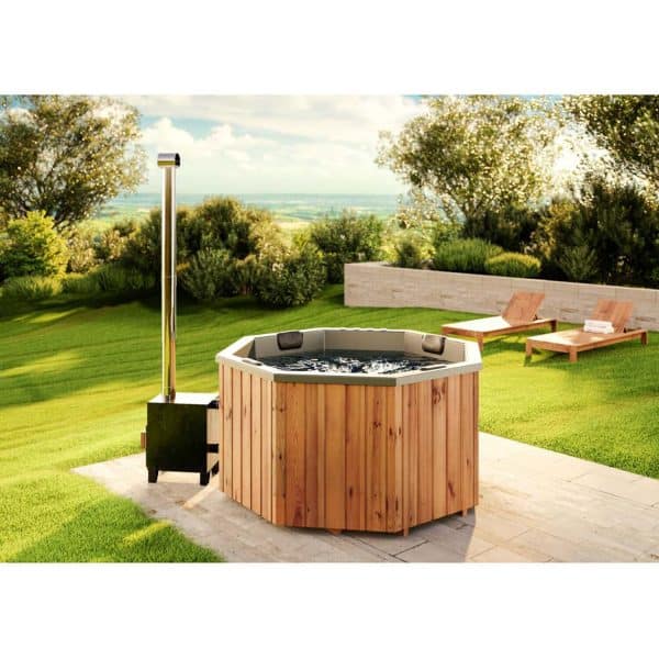 Finntherm Badefass Kopenhagen Thermoholz Whirlpool 180x180cm Alu-Außenofen 27 kW