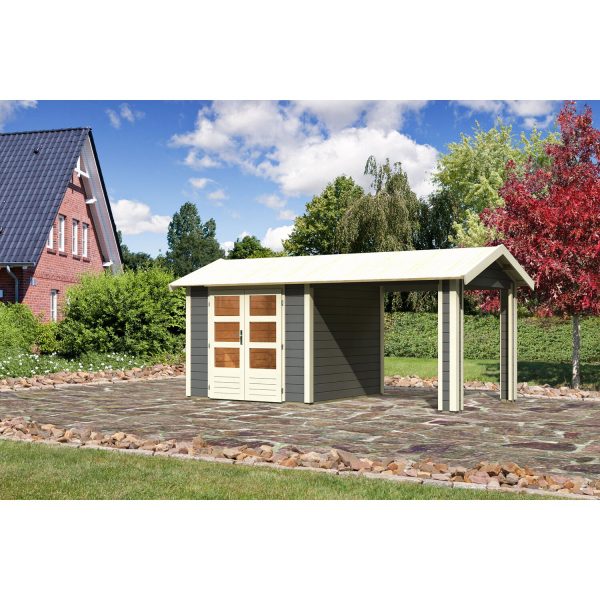 Karibu Holz-Gartenhaus/Gerätehaus Timra 3 Terragrau 528 cm x 288 cm mit Anbaudach