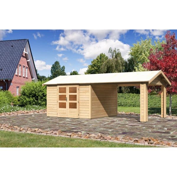 Karibu Holz-Gartenhaus/Gerätehaus Timra 7 Naturbelassen 648 cm x 348 cm mit Anbaudach