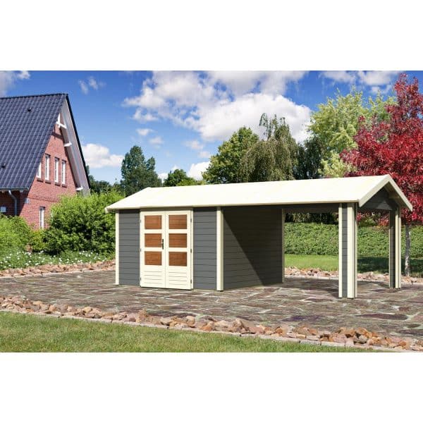 Karibu Holz-Gartenhaus/Gerätehaus Timra 7 Terragrau 648 cm x 348 cm mit Anbaudach